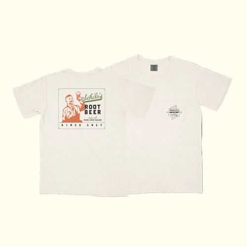 Beige t-shirt with vintage-style root beer label design on a white background
