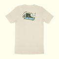 Beige t-shirt with a graphic design on the back against a white background