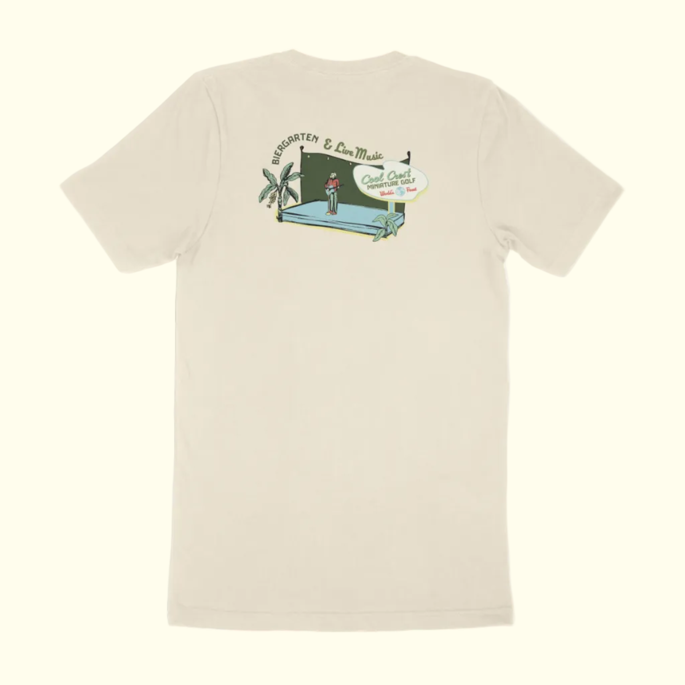 Beige t-shirt with a graphic design on the back against a white background